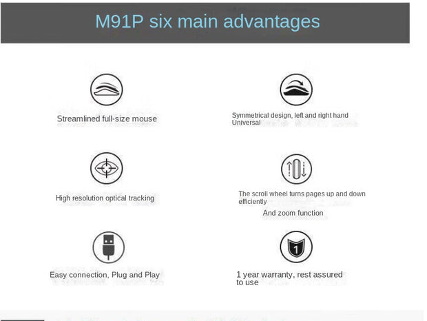 Infographic showcasing the six main advantages of the Logitech M91P Enterprise USB Office Mouse, highlighting its features such as high resolution optical tracking, by vendor eprolo.