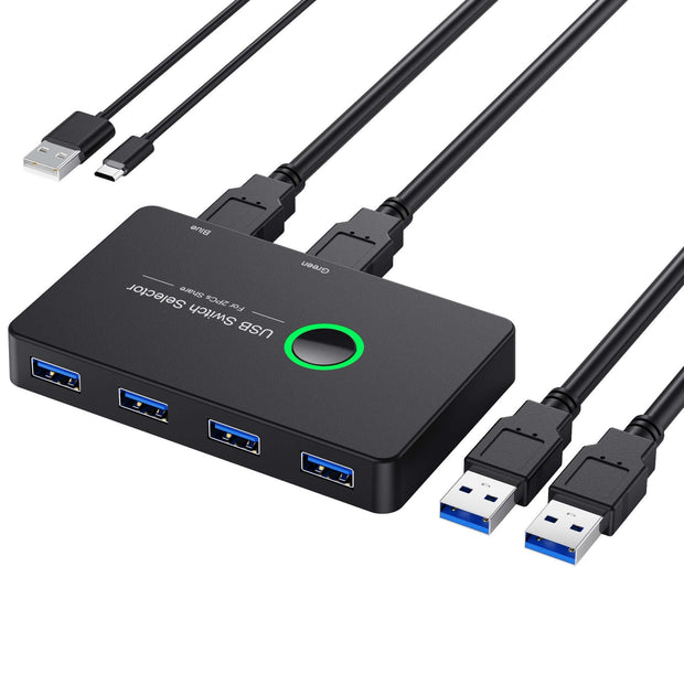 USB 3.0 Switch for sharing 4 USB devices between 2 computers, featuring a compact design.