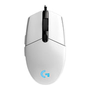 Top view of the white Logitech G102 wired gaming mouse featuring RGB lighting, ideal for gamers looking for precision and style, from eprolo.