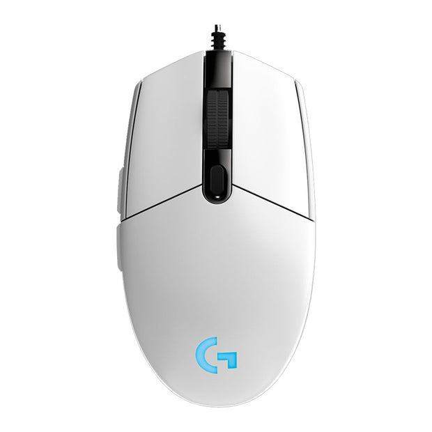 Top view of the white Logitech G102 wired gaming mouse featuring RGB lighting, ideal for gamers looking for precision and style, from eprolo.