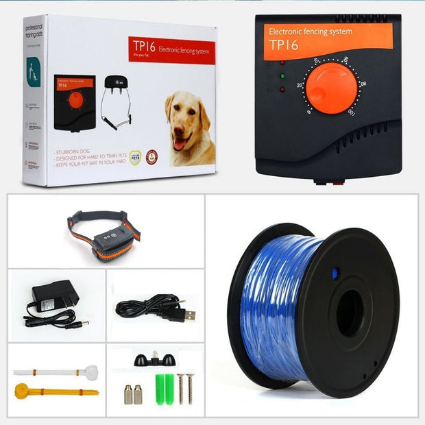 Another view of the complete Wireless Electronic Dog Fence System kit by eprolo. Display includes the transmitter, collars, and all necessary accessories.