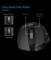 Close-up of Logitech G502 Hero Dominator gaming mouse dual mode fast roller highlighting metal material by eprolo.