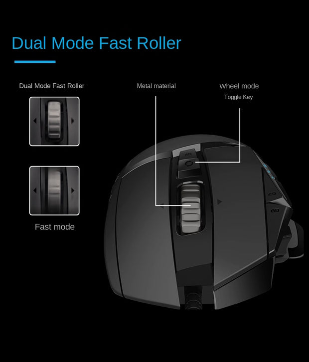 Close-up of Logitech G502 Hero Dominator gaming mouse dual mode fast roller highlighting metal material by eprolo.