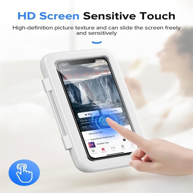 Waterproof Shower Phone Case Holder set in a kitchen environment, highlighting its versatility for hands-free use while cooking.