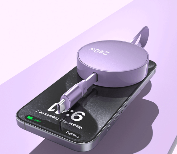 240W fast charging retractable type-C cable for laptops by eprolo, resting on a smartphone with charging indicator, showcasing fast charging capability.