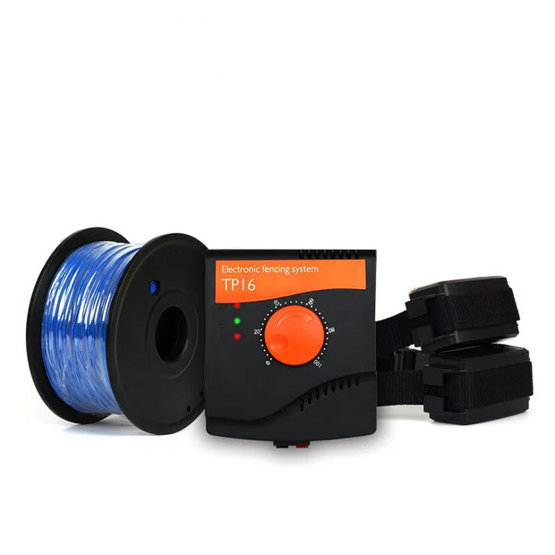 Wireless Electronic Dog Fence System by eprolo featuring adjustable shock levels, waterproof receiver, and 500-hour battery with a spool of blue wire and collar.