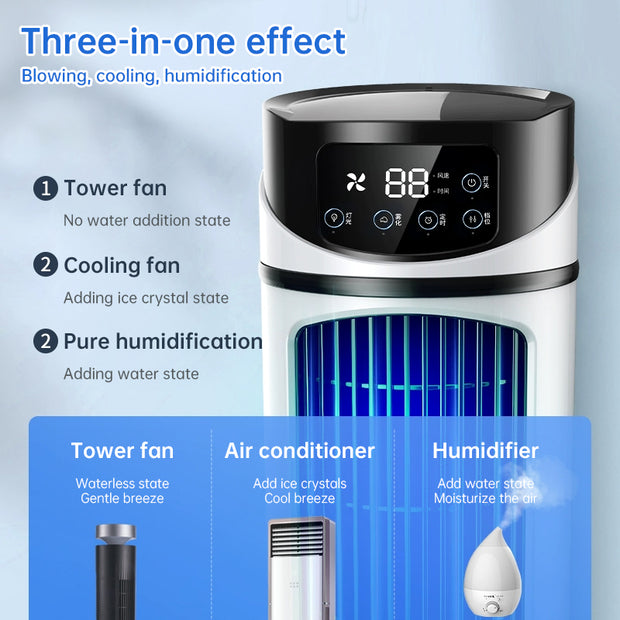 eprolo Six-Speed Timed Silent AC Cooling Fan, a sleek tower fan showcasing multi-functional features for blowing, cooling, and humidifying, perfect for home or office use.