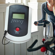 Close-up of the Heart-rate electronic instrument display by eprolo, showing its LCD screen and control buttons in use while exercising.