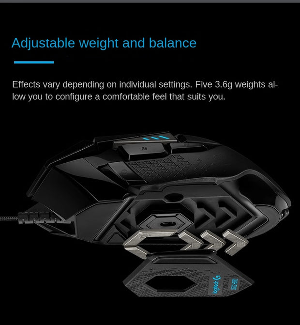 Side view of Logitech G502 Hero Dominator gaming mouse showing adjustable weights and ergonomic design by eprolo.
