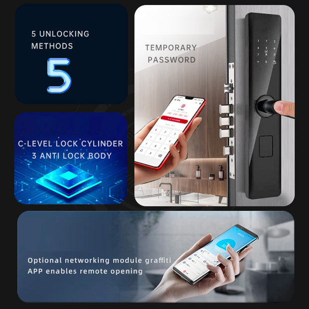 Smart Fingerprint Door Lock by eprolo featuring 5 unlocking methods and a temporary password option.