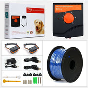 Wireless Electronic Dog Fence System by eprolo, featuring adjustable shock levels, dual dog collars, waterproof receiver, and 500-hour battery life, along with accessories including charging cables, installation tools, and blue wire.