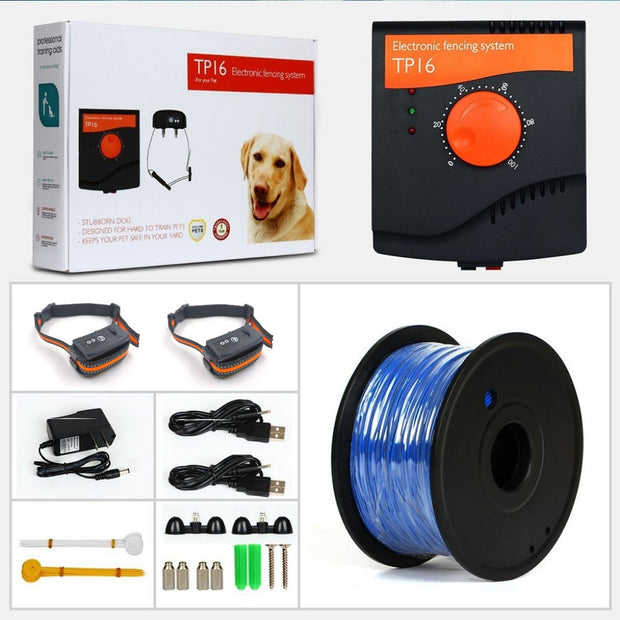 Wireless Electronic Dog Fence System by eprolo, featuring adjustable shock levels, dual dog collars, waterproof receiver, and 500-hour battery life, along with accessories including charging cables, installation tools, and blue wire.