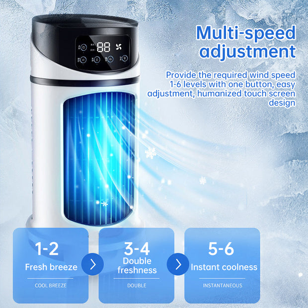eprolo Six-Speed Timed Silent AC Cooling Fan with a touch screen display highlighting multi-speed adjustments, designed for instant cooling and ultimate comfort.