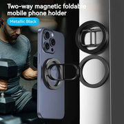 Metallic black two-way magnetic foldable mobile phone holder by eprolo, designed for iPhone and other devices, enhancing vehicle navigation and hands-free use.