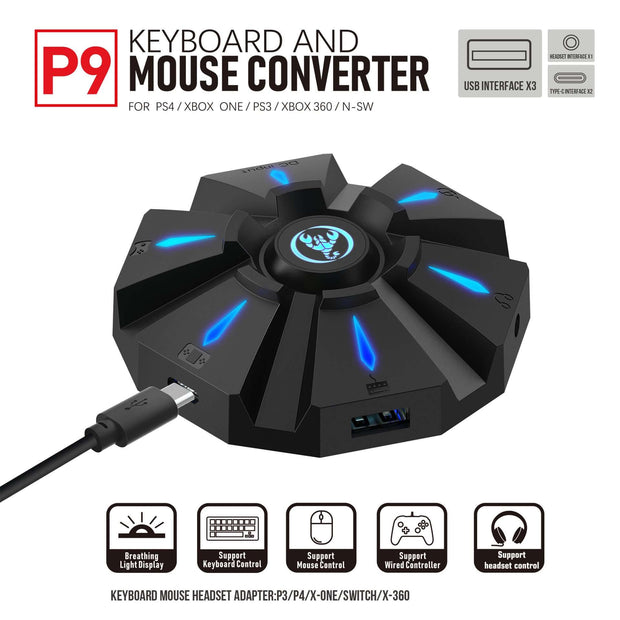 P9 keyboard and mouse converter featuring a breathing light display. Supports keyboard, mouse, and headset control for multiple gaming consoles by eprolo.