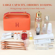 Stylish orange makeup bag by eprolo showcasing large capacity and organized layout to hold various beauty products.