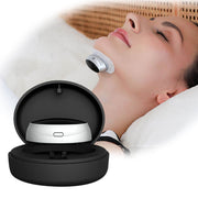 Smart Snoring Stopper Device by eprolo in use, worn comfortably on a woman's chin while she sleeps peacefully. Ideal for improving sleep quality and reducing snoring.