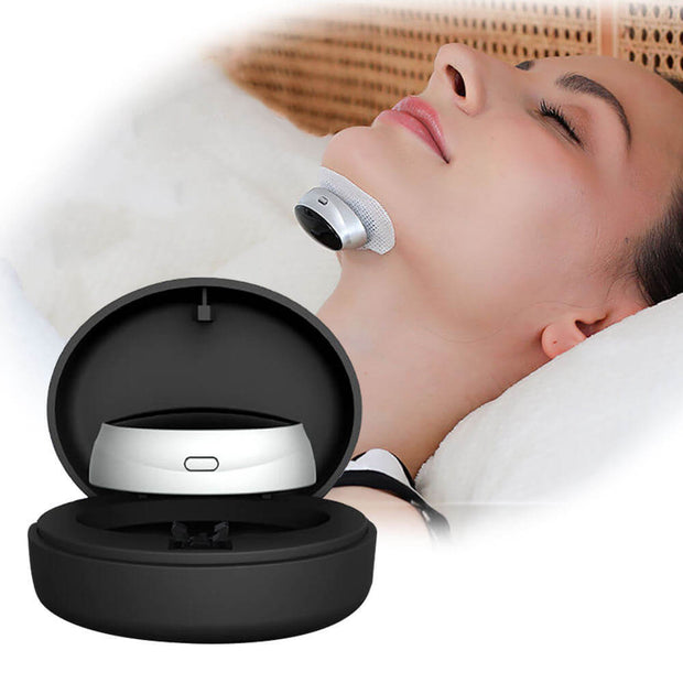 Smart Snoring Stopper Device by eprolo in use, worn comfortably on a woman's chin while she sleeps peacefully. Ideal for improving sleep quality and reducing snoring.