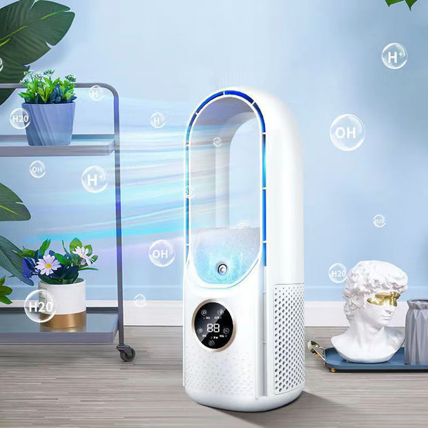 Portable USB air cooler from eprolo, featuring a bladeless design with calming blue light, perfect for cooling any room.