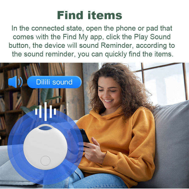 Woman using the eprolo Mini GF07 GSM/GPRS/GPS GPS Pet Kids Cars Tracking Device Locator on her smartphone to find lost items with a sound reminder feature.