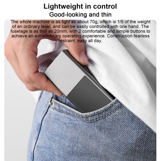 Slim and lightweight LI1 Laser Line Casting Angle Meter being placed in a pocket, highlighting its portability and convenience by eprolo.