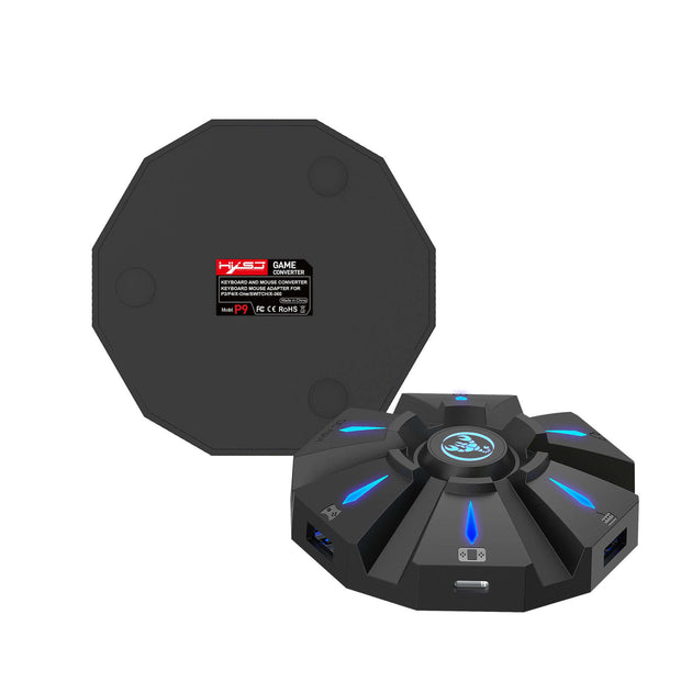 Back view of the HXSJ P9 keyboard mouse converter showing its ports and specifications, a must-have for gamers, by eprolo.