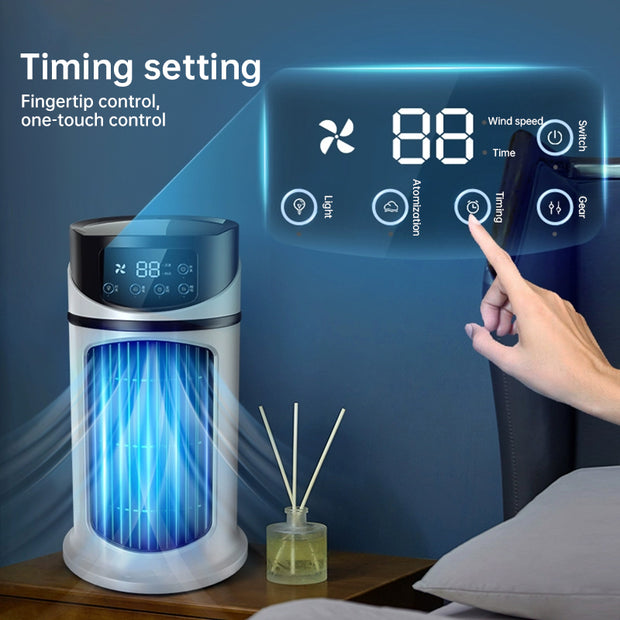 User adjusting settings on the eprolo mini portable AC cooling fan, highlighting the convenient fingertip control features.