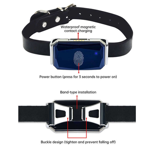 G12 Smart GPS pet tracker by eprolo showing design features including waterproof magnetic charging and power button.