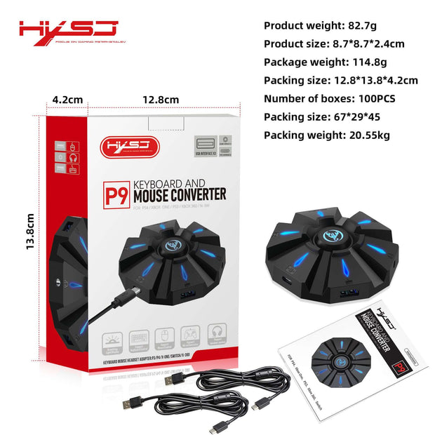 Packaging of the HXSJ P9 keyboard mouse converter set, highlighting the product details and accessories included, by eprolo.