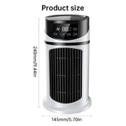 Product size details for the eprolo Six-speed timed silent AC cooling fan, showcasing its compact dimensions with a clear view of the fan's control panel.