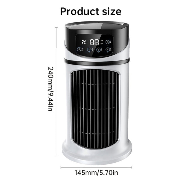 Product size details for the eprolo Six-speed timed silent AC cooling fan, showcasing its compact dimensions with a clear view of the fan's control panel.