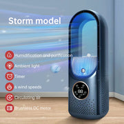 Storm model of the portable AC cooling fan by eprolo, highlighting features like humidification and purification, with vibrant lighting and six wind speed options.
