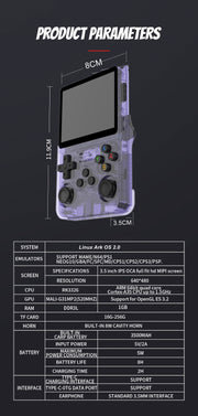 Product specifications of the R36S Portable Handheld Arcade Console by eprolo emphasizing features for open source handheld games.