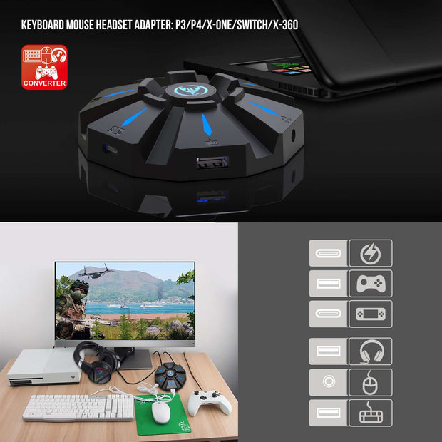 HXSJ P9 keyboard mouse converter set with USB ports, designed for gaming consoles like PS3, PS4, Xbox One, Switch and Xbox 360, by eprolo.