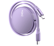 Close-up view of the 240W fast charging retractable type-C cable for laptops by eprolo, highlighting the sleek purple color and dual connectors.