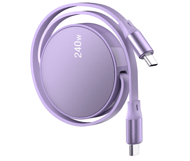 Close-up view of the 240W fast charging retractable type-C cable for laptops by eprolo, highlighting the sleek purple color and dual connectors.