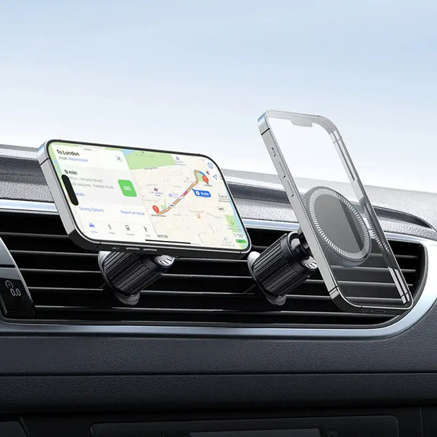 The MagSafe Car Phone Holder by eprolo in action, holding a phone displaying GPS directions, highlighting its usability for drivers.