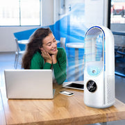 User enjoying the eprolo six-speed portable AC cooling fan while working on a laptop, emphasizing comfort and efficiency.