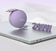 240W fast charging retractable type-C cable for laptops by eprolo, artfully displayed on a laptop alongside 3D text highlighting its 240W power.
