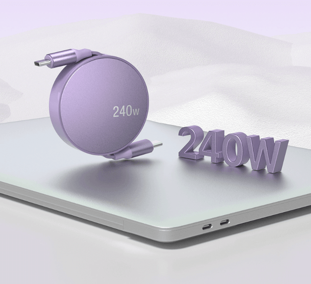 240W fast charging retractable type-C cable for laptops by eprolo, artfully displayed on a laptop alongside 3D text highlighting its 240W power.