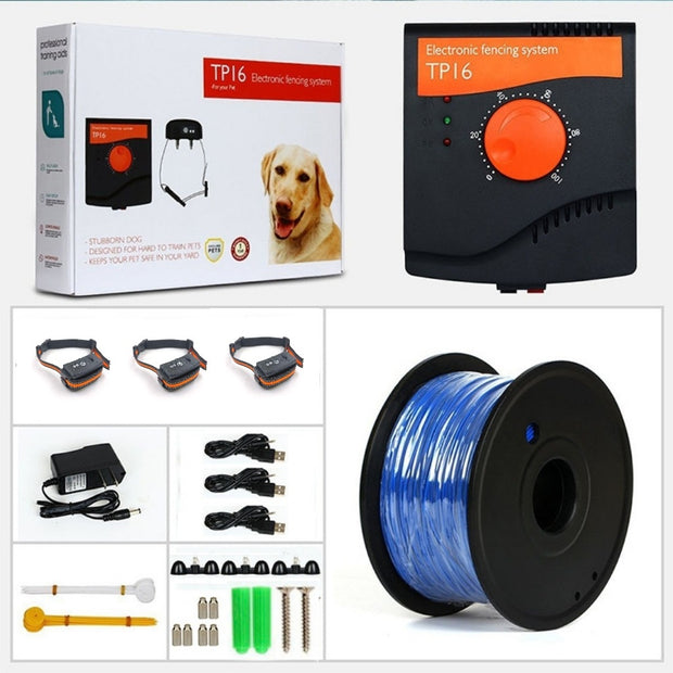 Wireless Electronic Dog Fence System from eprolo showcasing adjustable levels, waterproof receiver, and essential components like collars, charger, and blue wire, perfect for keeping your pet safe.