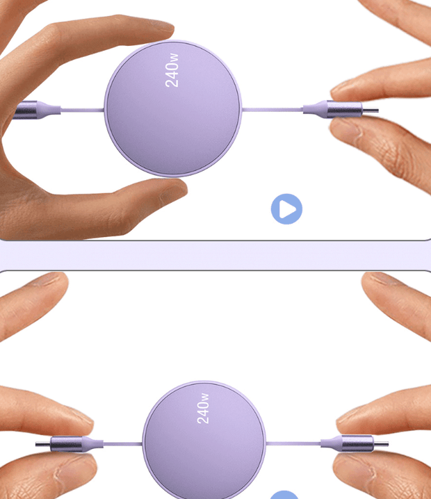 240W fast charging retractable type-C cable for laptops by eprolo, being neatly pulled and retracted in hands, illustrating convenient portability.