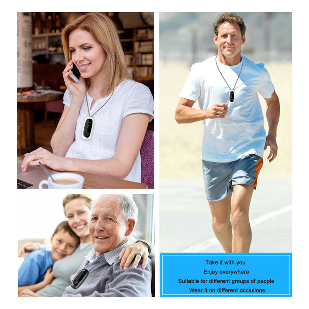 Lifestyle images featuring eprolo's portable neck hanging air purifier in use, showcasing its versatility for different environments and user occasions.
